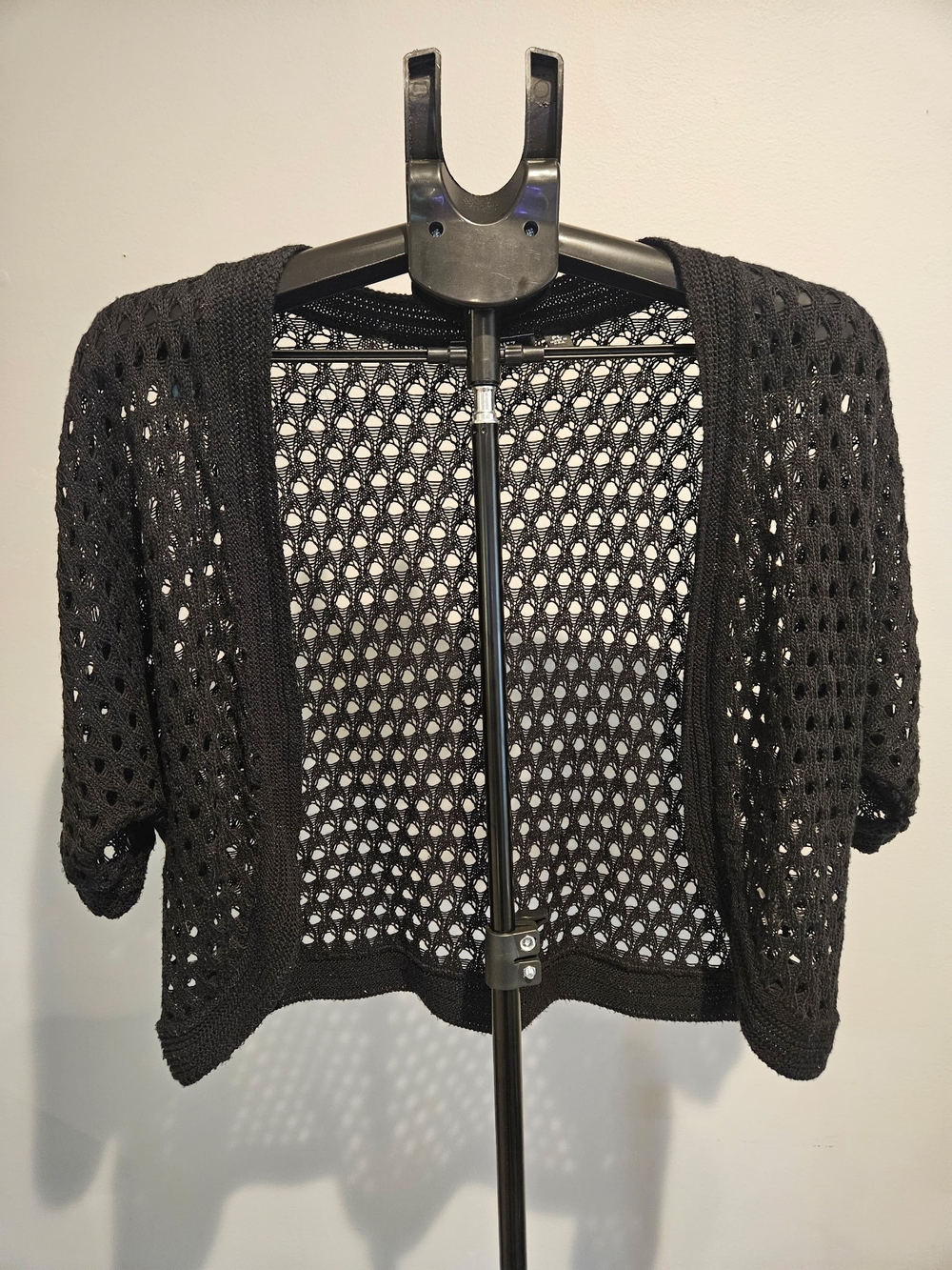 Black Open-Knit Short Sleeve Cardigan Sweater - Women
